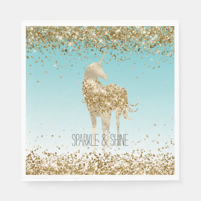 Girly Aqua Gold Confetti Glitter Unicorn Napkin (Front)