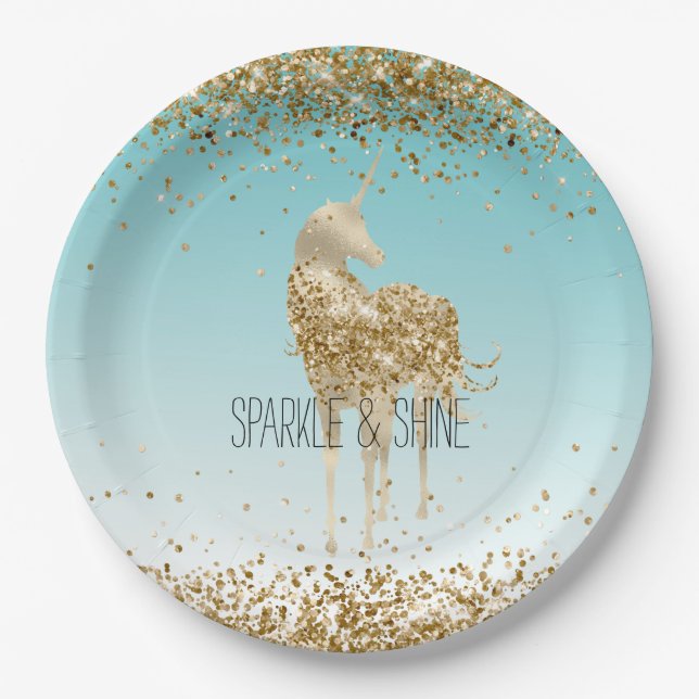 Girly Aqua Gold Confetti Glitter Unicorn Paper Plate (Front)
