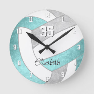 girly aqua grey personalised volleyball round clock