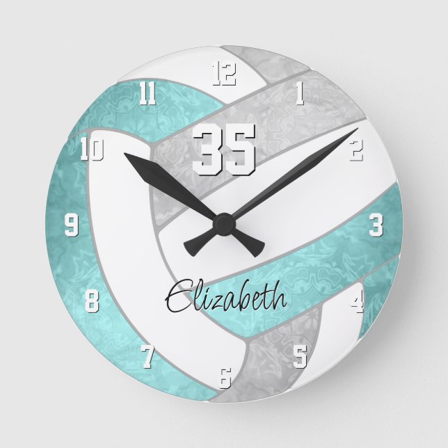 girly aqua grey personalised volleyball round clock (Front)