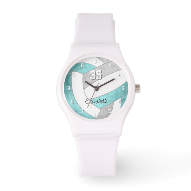 girly aqua grey personalised volleyball watch (Front)