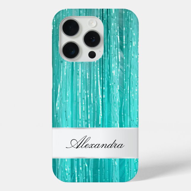 Girly Aqua Mint Glam Glitzy Tinsel Stripes  Case-Mate iPhone Case (Back)