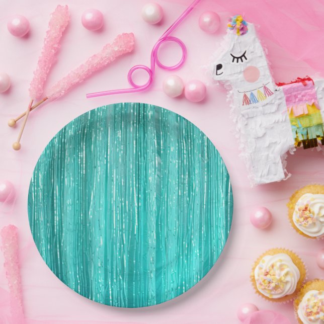 Girly Aqua Mint Glam Tinsel Stripes  Paper Plate (Party)
