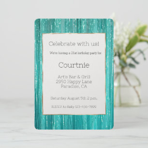 Girly Aqua Mint Tinsel Stripes Gold 21st Birthday Invitation