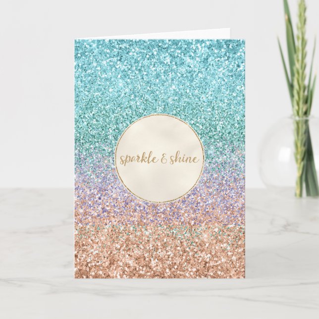 Girly Aqua Peach Gold Purple Mint Mermaid Glitter Card (Front)