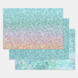 Girly Aqua Peach Gold Purple Mint Mermaid Glitter Wrapping Paper Sheet