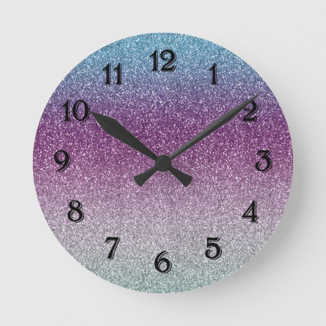 Girly Aqua Purple Mint Pink Glitter ombre Round Clock (Front)