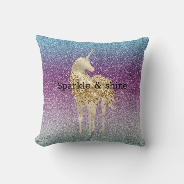 Girly Aqua Purple Mint Pink Glitter ombre Unicorn Cushion (Front)