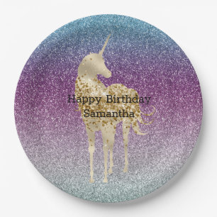 Girly Aqua Purple Mint Pink Glitter ombre Unicorn Paper Plate