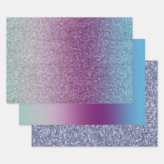Girly Aqua Purple Mint Pink Glitter ombre Wrapping Paper Sheet (Set)