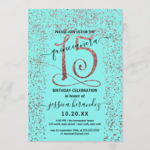Girly Aqua Rose Gold Confetti Border Quinceañera Invitation
