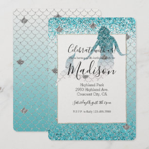 Girly Aqua Silver Glitter Ombre Sparkle Mermaid Invitation