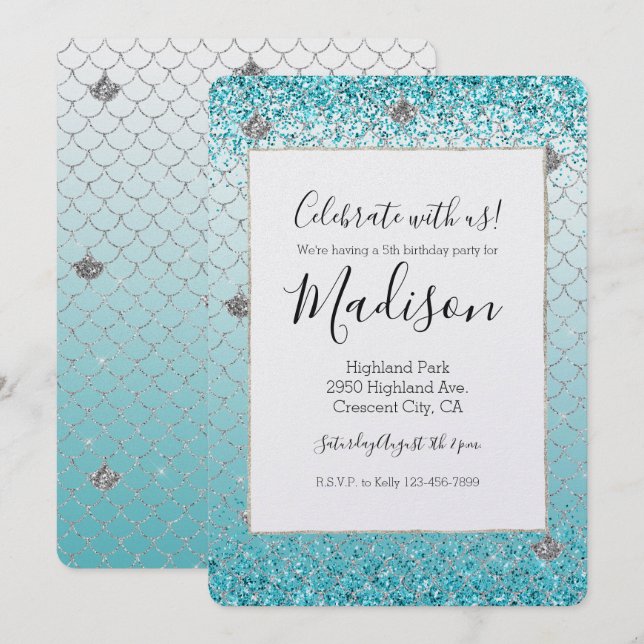 Girly Aqua Silver Glitter Sparkle Mermaid Invitation (Front/Back)