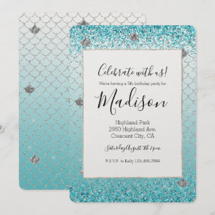 Girly Aqua Silver Glitter Sparkle Mermaid Invitation