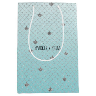 Girly Aqua Silver Glitter Sparkle Mermaid Medium Gift Bag