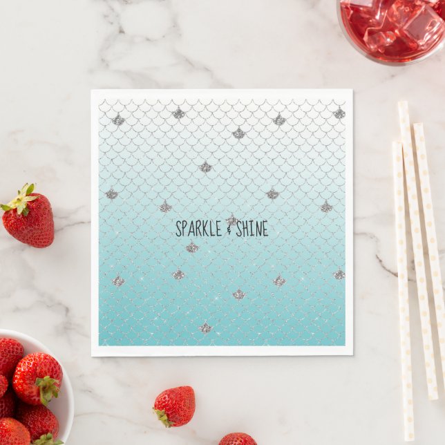 Girly Aqua Silver Glitter Sparkle Mermaid Napkin (Insitu)