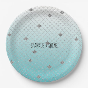 Girly Aqua Silver Glitter Sparkle Mermaid Paper Plate