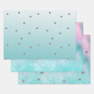 Girly Aqua Silver Glitter Sparkle Mermaid Wrapping Paper Sheet