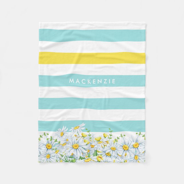 Girly Aqua Stripes With Yellow Daisies and Name Fleece Blanket (Front)