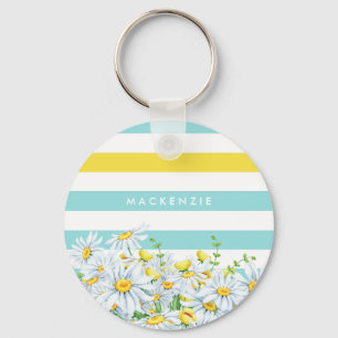 Girly Aqua Stripes With Yellow Daisies and Name Key Ring