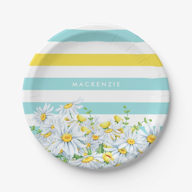Girly Aqua Stripes With Yellow Daisies and Name Paper Plate (Front)
