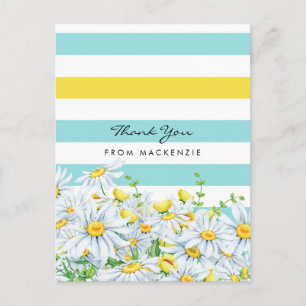 Girly Aqua Stripes With Yellow Daisies Thank You Postcard