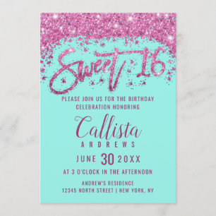 Girly Aqua Teal Bright Pink Glitter Dust Sweet 16 Invitation