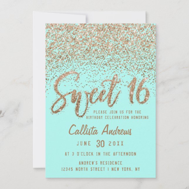Girly Aqua Teal Gold Scattered Glitter Sweet 16 Invitation (Front)