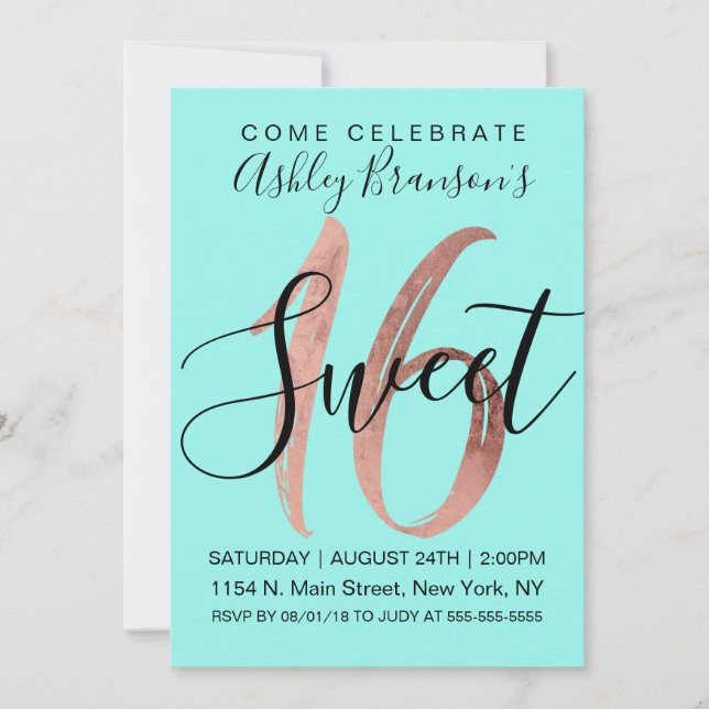 Girly Aqua Teal Rose Gold Foil Sweet 16 Invitation (Front)