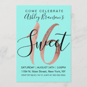 Girly Aqua Teal Rose Gold Foil Sweet 16 Invitation