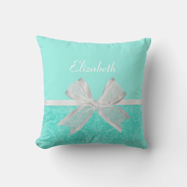 Girly Aqua Turquoise Damask White Ribbon With Name Cushion (Front)