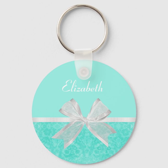 Girly Aqua Turquoise Damask White Ribbon With Name Key Ring (Front)