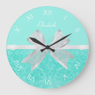 Girly Aqua Turquoise Damask White Ribbon With Name Large Clock