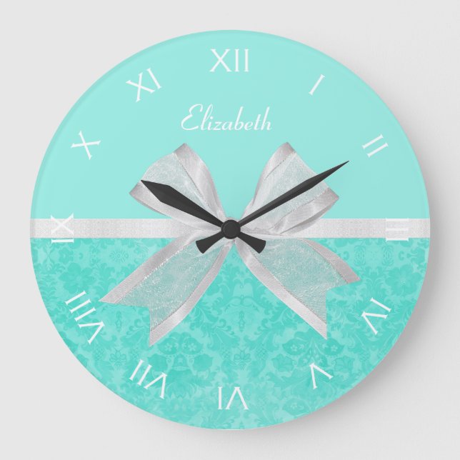 Girly Aqua Turquoise Damask White Ribbon With Name Large Clock (Front)