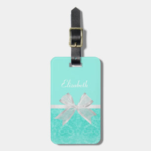Girly Aqua Turquoise Damask White Ribbon With Name Luggage Tag