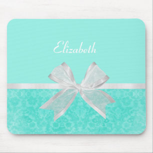 Girly Aqua Turquoise Damask White Ribbon With Name Mouse Mat