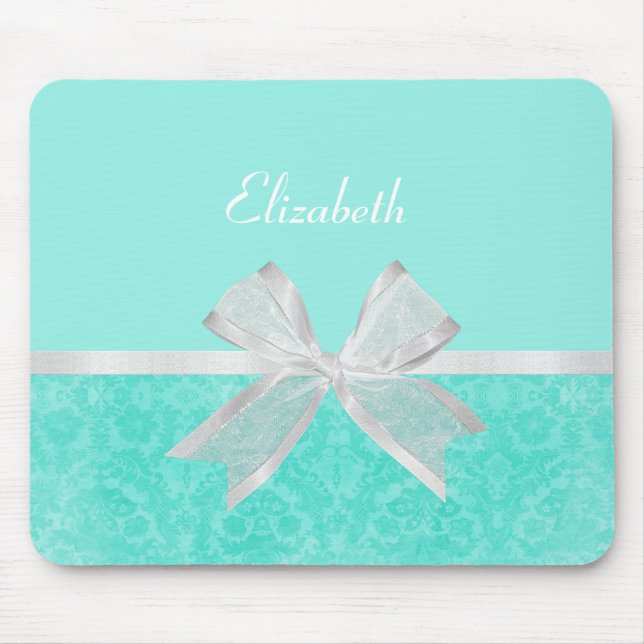 Girly Aqua Turquoise Damask White Ribbon With Name Mouse Mat (Front)