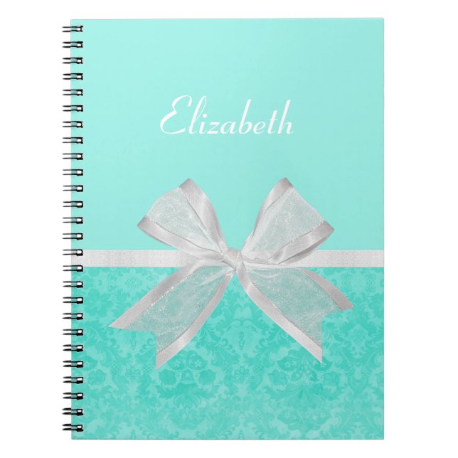Girly Aqua Turquoise Damask White Ribbon With Name Notebook (Front)