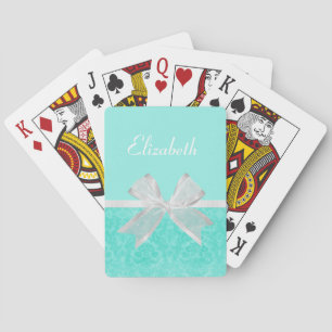 Girly Aqua Turquoise Damask White Ribbon With Name Playing Cards