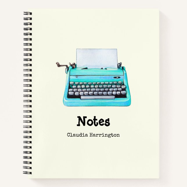 Girly Aqua Typewriter Retro 60s Cute Personalised Notebook (Front)