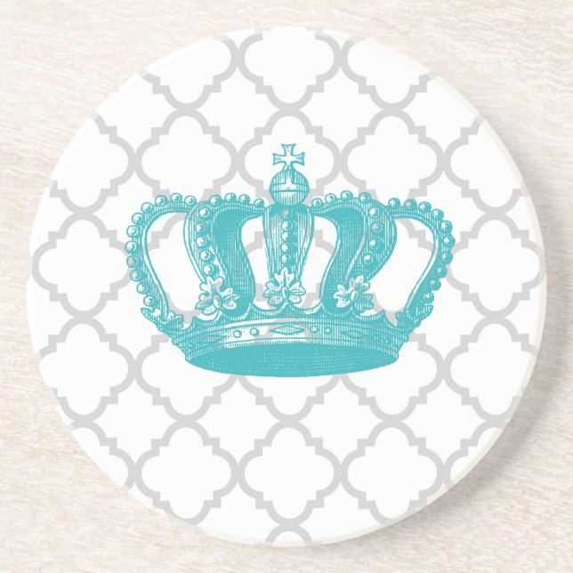 GIRLY AQUA VINTAGE CROWN GREY QUATREFOIL PATTERN COASTER (Front)