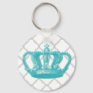 GIRLY AQUA VINTAGE CROWN GREY QUATREFOIL PATTERN KEY RING