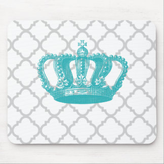 GIRLY AQUA VINTAGE CROWN GREY QUATREFOIL PATTERN MOUSE MAT