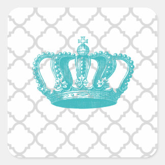 GIRLY AQUA VINTAGE CROWN GREY QUATREFOIL PATTERN SQUARE STICKER