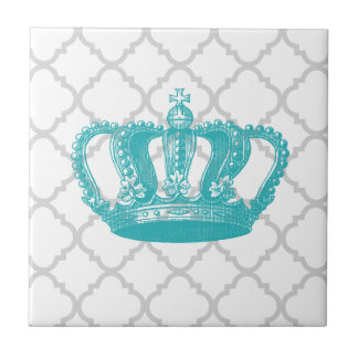 GIRLY AQUA VINTAGE CROWN GREY QUATREFOIL PATTERN TILE