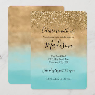 Girly Aqua Watercolor Gold Glitter Invitation