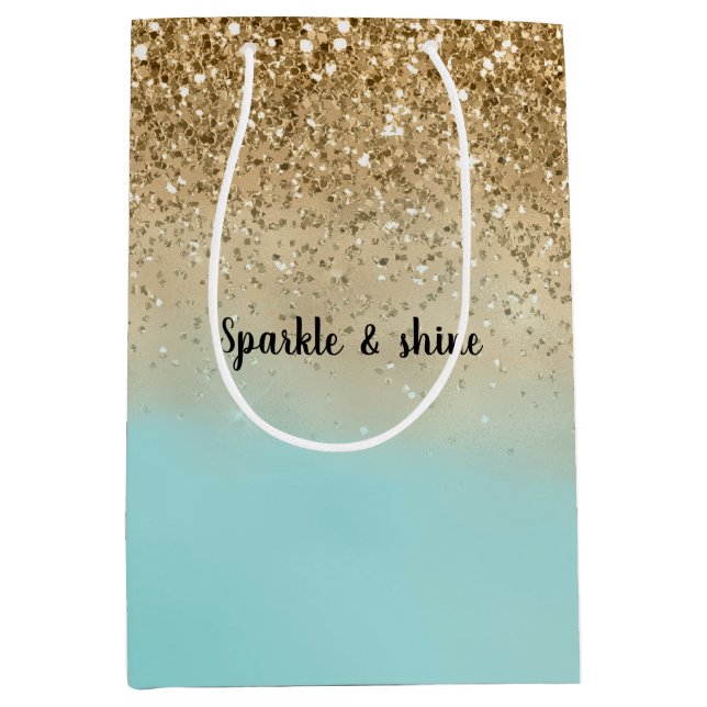 Girly Aqua Watercolor Gold Glitter Medium Gift Bag (Front)