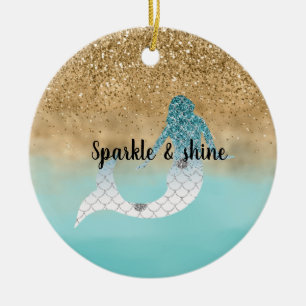 Girly Aqua Watercolor Gold Glitter Mermaid   Ceramic Tree Decoration