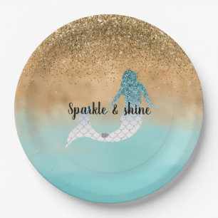 Girly Aqua Watercolor Gold Glitter Mermaid    Paper Plate