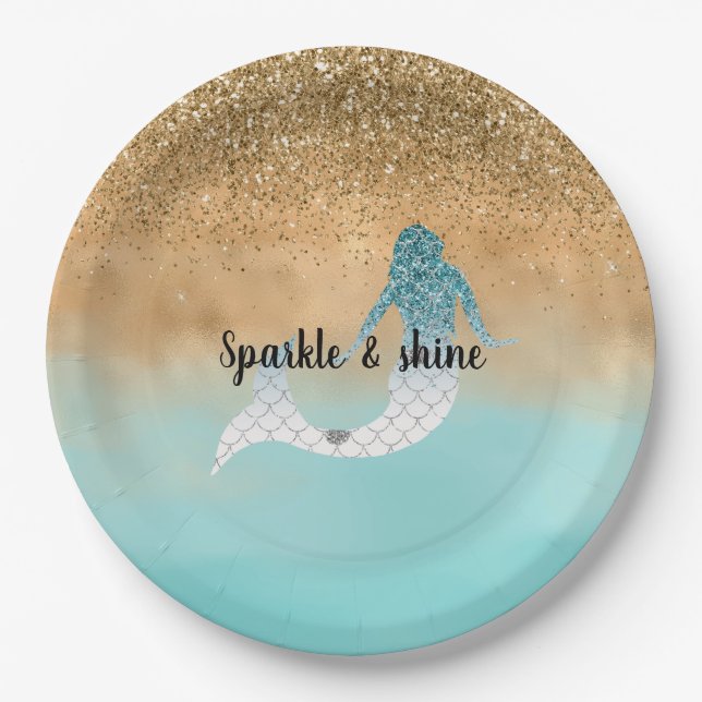 Girly Aqua Watercolor Gold Glitter Mermaid    Paper Plate (Front)